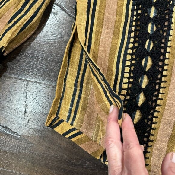 Free People Castaway Striped Button Front Long Sleeve Crochet Trim Boho Top Sz M - Picture 7 of 15